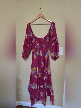 Free People Raspberry Floral Puff-Sleeve Midi Dress